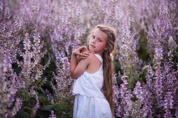 Κοντινό Πλάνο Πορτραίτα Ενός Μικρού Κοριτσιού Μακριά Μαλλιά Ανθισμένο Ροζ — Φωτογραφία Αρχείου