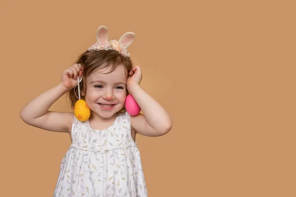 Close Emotional Positive Portrait Little Girl Bunny Ears Her Head — Stock Photo, Image