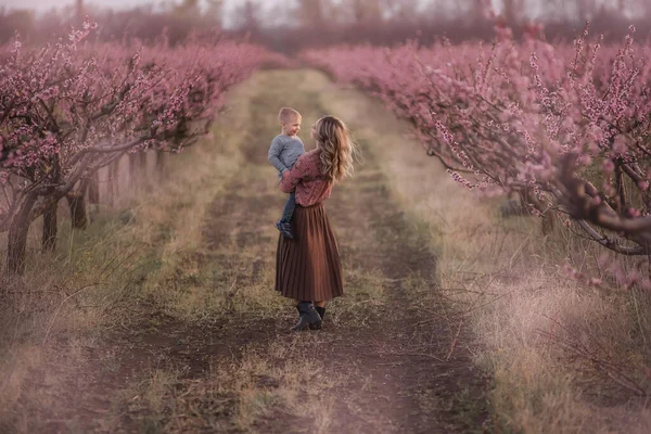 Ung Mor Håller Sin Son Handen Leker Springer Tillsammans Rosa — Stockfoto