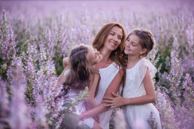 Genç anne mor çiçekli adaçayı tarlasında iki kızını kucaklıyor. Kızlar birbirine sarılır, güler, eğlenir. Saman şapkalı, beyazlar içinde. Çocuklarla seyahat etmek, anne bakımı. Portreyi kapat