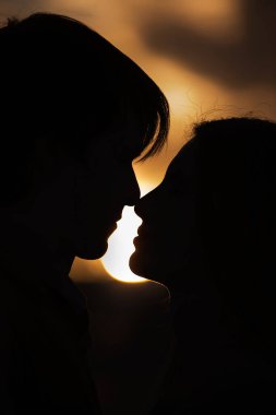 Gün batımında çiçek açan şeftali gül bahçelerinde birbirine aşık mutlu bir çiftin silueti. Erkek genç bir kadının önünde duruyor, sarılıyor, şefkatle ve tutkuyla öpüyor. Aşıkların yakın plan portresi. Romantik randevu