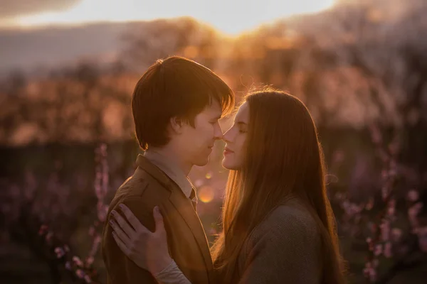 Silhuett Ett Lyckligt Par Kär Vid Solnedgången Blommande Persika Ros — Stockfoto
