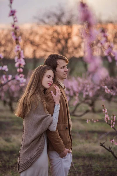 Pareja Feliz Enamorada Atardecer Florecientes Jardines Rosas Melocotón Mujer Joven — Foto de Stock