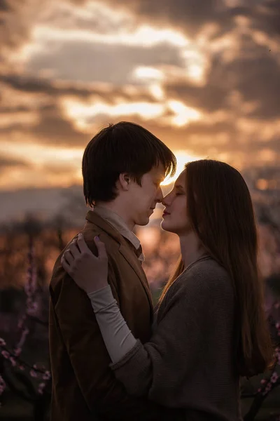 Silueta Una Feliz Pareja Enamorada Atardecer Florecientes Jardines Rosas Melocotón — Foto de Stock