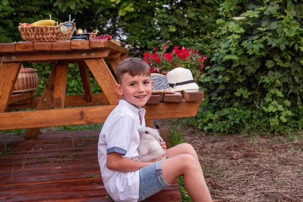 Hasır şapkalı küçük bir çocuğun portresi elinde tüylü bir tavşanla evdeki bir karavan kamyonunun yanında oturuyor. Gülüşmeler, evcil tavşanla oynamalar, piknik kampında evcil hayvanlarla gezmeler.