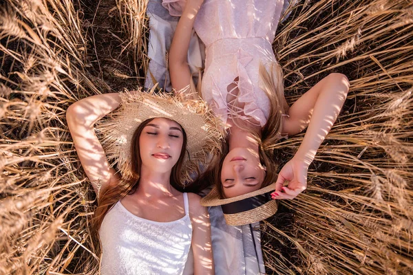 Дві Подружки Сидять Полі Золотої Житньої Пшениці Молоді Жінки Сестри — стокове фото