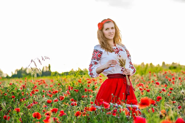 Jeune Femme Ukrainien Costume National Une Chemise Brodée Une Jupe — Photo