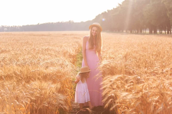 Fille Tient Main Mère Tient Sur Champ Blé Doré Coucher — Photo