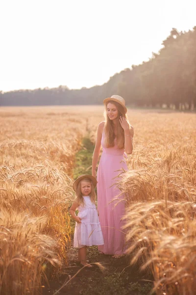 Дочь Держит Мать Руку Стоит Золотом Пшеничном Поле Закате Молодая — стоковое фото