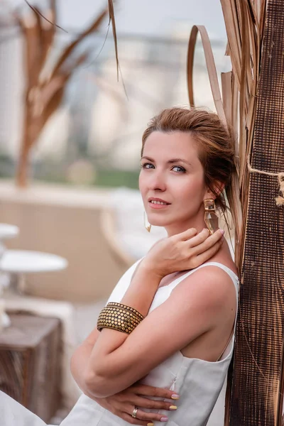 Close Portrait Young Fashion Woman White Dress Styling Glass Earrings — Foto de Stock