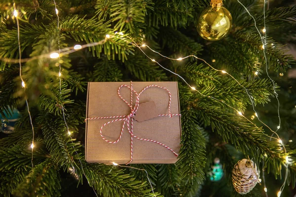 Las Ramas Árbol Navidad Verde Encuentra Regalo Año Nuevo Embalaje — Foto de Stock