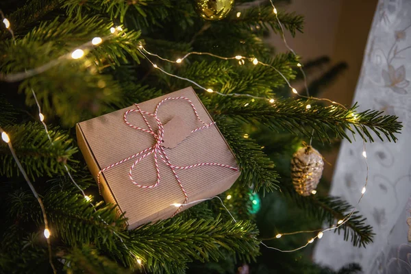 Las Ramas Árbol Navidad Verde Encuentra Regalo Año Nuevo Embalaje — Foto de Stock