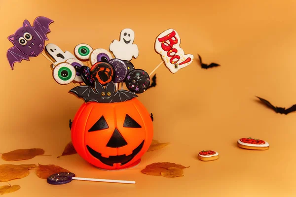 Candy Bag Pumpkin Gingerbread Cookies Shape Scary Eyes Bats Ghosts — Stock Photo, Image