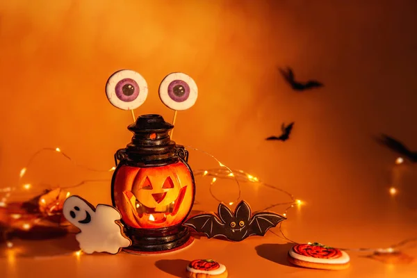 Lantern Candlestick Pumpkin Gingerbread Cookies Shape Scary Eyes Bats Ghosts Stock Image