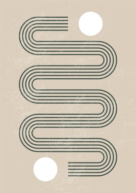 Ortaçağ, organik doğal şekilli minimalist sanat baskısı. Geometrik güneş çizgileri ve toprak tonuyla soyut çağdaş estetik arka plan. Boho duvar dekoru.