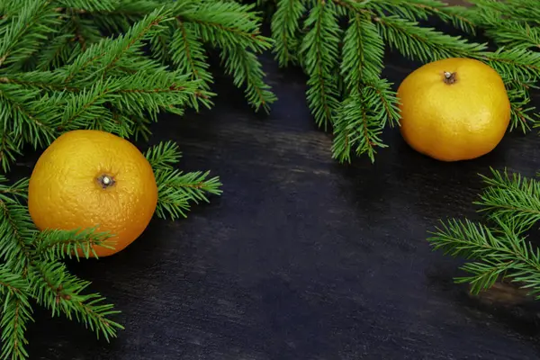 Frame Fir Branches Tangerines Winter Mood Holiday New Year Christmas — Stock Photo, Image