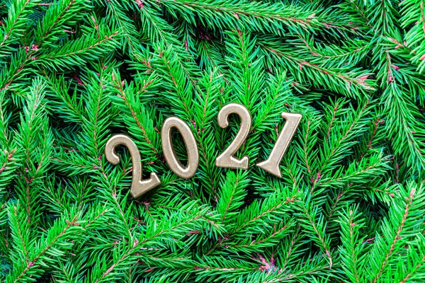 Conceito Férias Ano Novo Natal Números Ouro 2021 Fundo Ramos — Fotografia de Stock