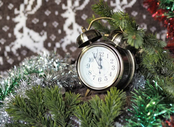 Christmas New Year Web Banner Fir Branches Alarm Clock Deer — Stock Photo, Image