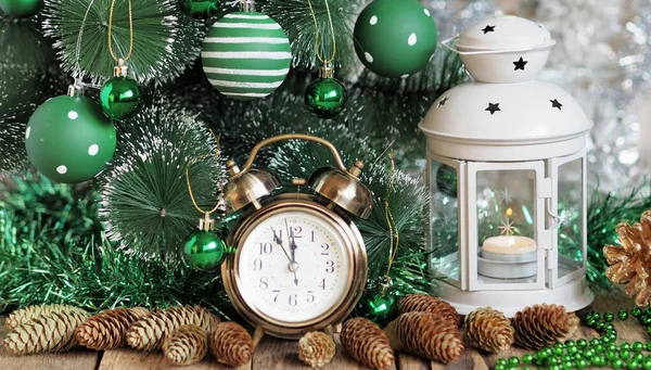 Retro Alarm Clock Props Lantern Eve Christmas Decorative Tree Dressed — Stock Photo, Image