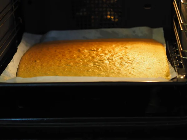 Uma Camada Biscoito Foi Assada Forno Cozinha Para Fazer Rolo — Fotografia de Stock