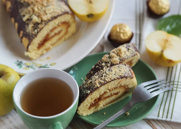 Накрытый Стол Чаем Рулон Яблоком Jam Natural Здоровой Пищи Домашними — стоковое фото