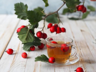 Taze toplanmış böğürtlenlerden yapılmış bir fincan sıcak Hawthorn çayı, ahşap arka planda kalp sağlığı için bitkisel ilaç. Hawthorn 'un gelecek için hasat mevsimi. Alternatif tıp.