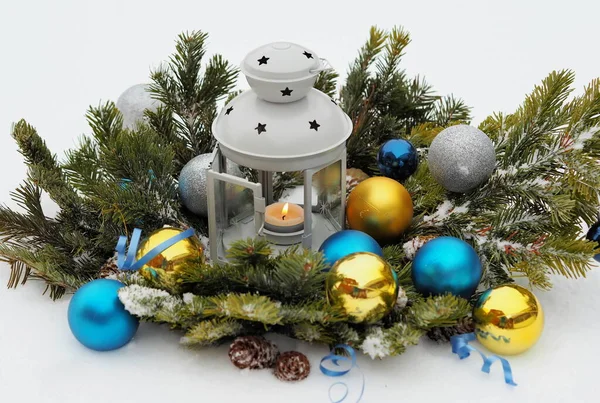 Lanterne Noël Romantique Avec Bougie Extérieur Dans Neige Sur Des — Photo