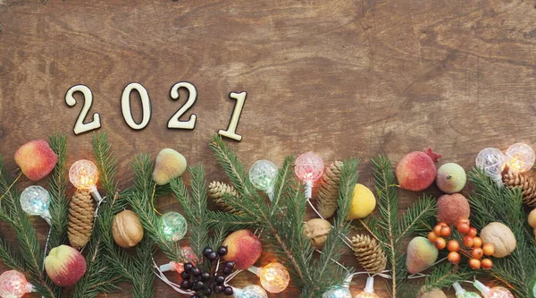 Wooden New Year Greeting Background Numbers 2021 Place Text Fir — Stock Photo, Image