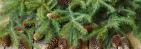 Feestelijke Achtergrond Van Kerst Sparren Takken Sparren Dennenappels Een Houten — Stockfoto