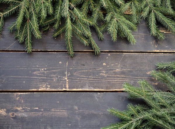 Fir tree branches over old wooden background. Place for text.