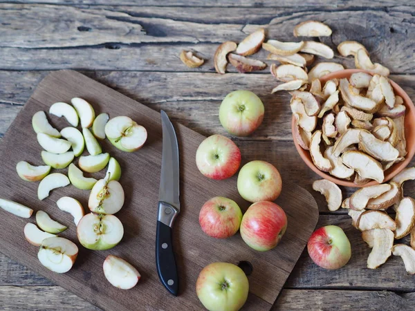 Apple Chips Dried Fruits Dried Apple Slices Fresh Apples Wooden — Stock Photo, Image