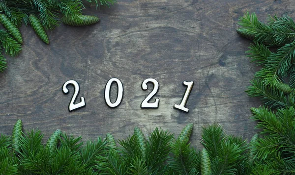 New Year Greetings 2021 Fir Branches Laid Out Brown Background — Stock Photo, Image