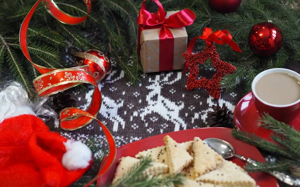 Tasse Café Chaud Avec Biscuits Sablés Faits Maison Décor Noël — Photo