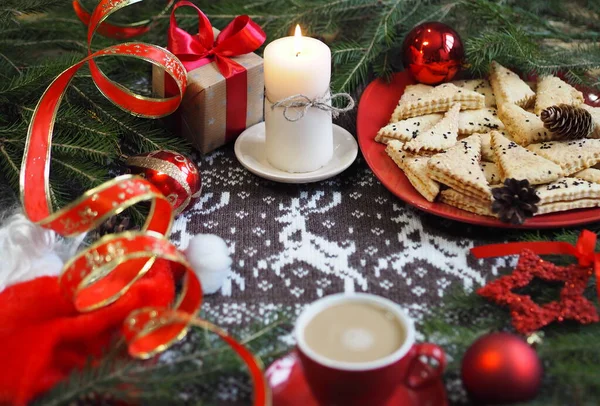 Tasse Café Chaud Avec Biscuits Sablés Faits Maison Décor Noël — Photo