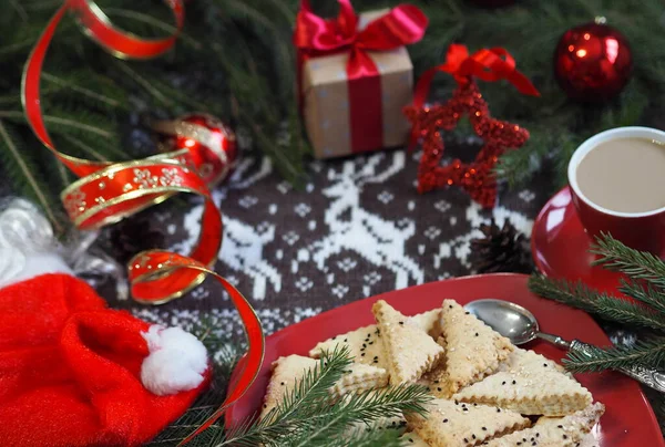 Tasse Café Chaud Avec Biscuits Sablés Faits Maison Décor Noël — Photo