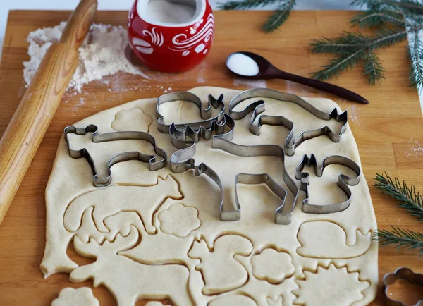 Festive Pastry Christmas Background Home Cooking Making Christmas Animal Cookies — Stock Photo, Image