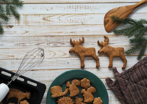 Homemade Sweet Christmas Cookies Shape Animals Fir Branches Laid Out — Stock Photo, Image