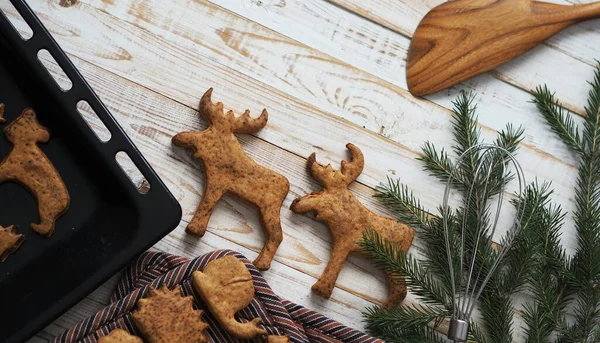 Homemade Sweet Christmas Cookies Shape Animals Fir Branches Laid Out — Stock Photo, Image