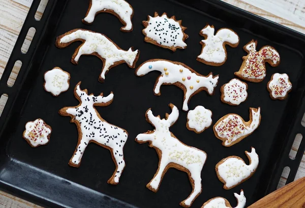 Wooden Background Baking Tray Homemade Christmas Cookies Shape Animals Christmas — Stock Photo, Image