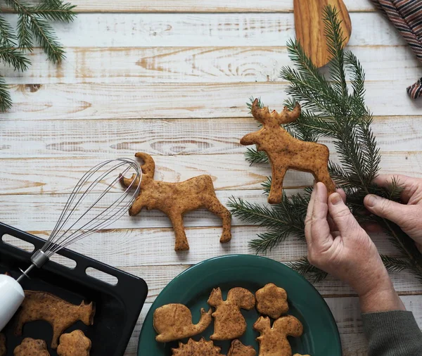Hand Elderly Woman Holds Christmas Cookie Shape Deer Baked Home — Stock Photo, Image