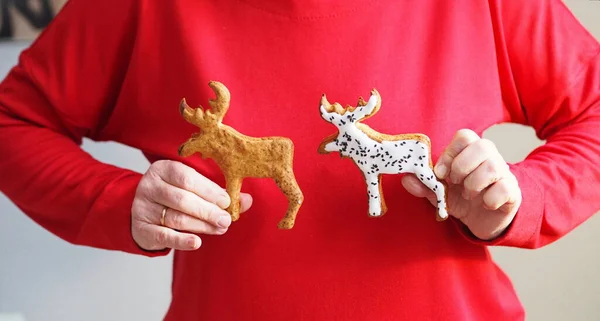 Older Woman Improvising Homemade Cookies Shape Deer Red Jumper Natural — Stock Photo, Image