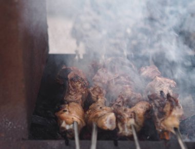 Şişte kızarmış tavuk parçaları, kışın ateşte kızartılmış. Ateşten duman ve soğukta sıcak etten buhar. Bulanık resim.