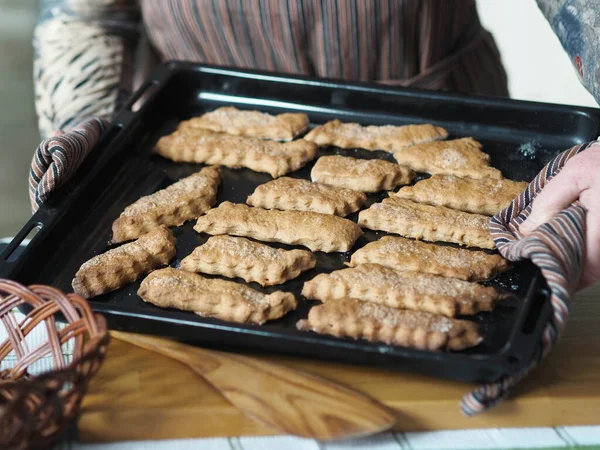 Homemade Cookie Concept Hands Elderly Woman Remove Prepared Freshly Baked — Stock Photo, Image