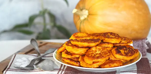 Diet Healthy Food Idea Fried Pumpkin Pancakes Plate Background Large Stock Image