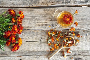 Bitki toplama mevsimi ahşap arka planda kurutulmuş tıbbi kırmızı çiçekler siyah saçlı ya da altın renkli Mary, tahta kaşıkta Türk karanfili. Siyah kadife çiçeklerinden taze kırmızı çiçekler.