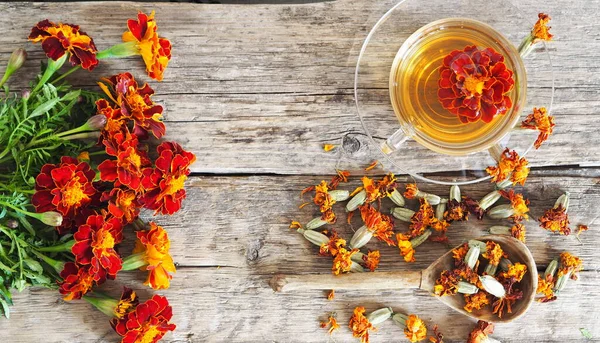 Temporada Colheita Ervas Fundo Madeira Com Flores Vermelhas Medicinais Secas — Fotografia de Stock