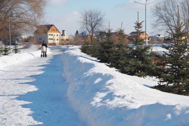 Elinde bebek arabası olan bir adam kışın karla kaplı bir şehir parkında soğukta yürüyor. Bir çocukla eğlenceli yürüyüşler..