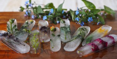 Buzun içinde donmuş tıbbi bitkiler yüzün rengini düzeltmek için alternatif tıpta kullanılır. Halk kozmetik ürünleri..