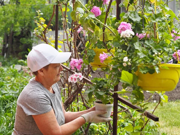 Una Anciana Está Haciendo Que Ama Cuidando Las Flores — Foto de Stock