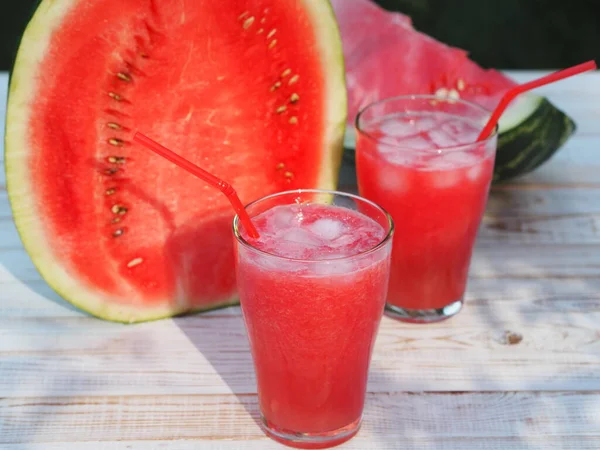 Glasses Cool Drink Made Fresh Pulp Watermelon Ice Wooden White — Zdjęcie stockowe